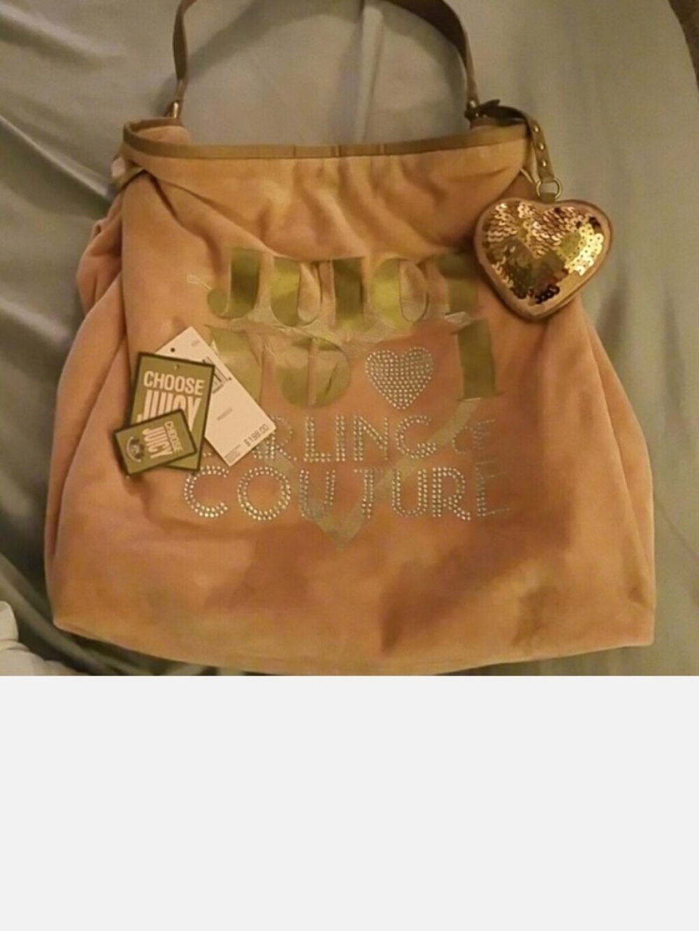 Juicy Couture Peach Blush Velvet Shoulder Tote with Sequin Heart Charm
